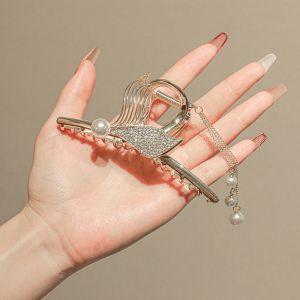 Kẹp tóc đuôi cá mẫu mới đính đá đính ngọc tua rua kẹp tóc kim loại size lớn sau đầu cho nữ phong cách Hàn Quốc