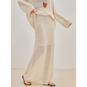 Guuli Light Beige Hollow out Knitted Sweater And Half Skirt Womens Elegant Early Autumn Set Fashionable Complete Outfit