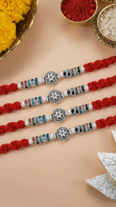 Aheli Rakhshabandhan Thread Rakhi for Brother Bhaiya Crystal & Beads Studded Pack of 4 Rakhi Hamper | Rakhi Set | Kids Rakhi | Rakhi for Kids