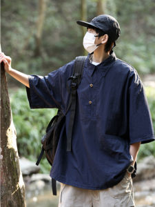 Japanese-Style Retro Solid Color Polo Collar Short-Sleeved Shirt Mens Summer Student New Arrival Loose Casual Polo Collar Work Clothes Shirt