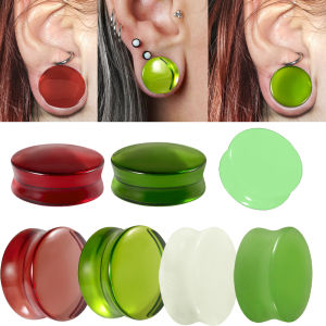 2PCS Fashin Waist Drum Green/Red Glass Ear Tunnel&Plugs Round Night Light Solid Ear Expander Strengthed Ear Weight Body Jewelry