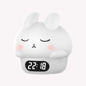 Alarm Clock with Night Light Cute Bunny Temperature Display Rechargeable Dimmable Night Lamp for Kids Desktop Decor
