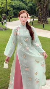 Áo dài cách tân TƯƠNG TƯ dáng suông chất tơ thêu chỉ nổi cao cấp họa tiết sen ngư_HT ÁO DÀI HÀ THÀNH