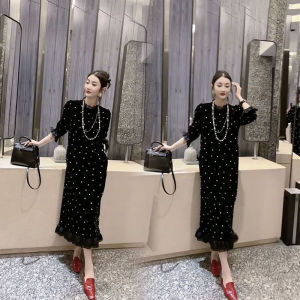 Elegant Velvet Midi Dress Hepburn Style Womens Spring Autumn New Fashion High-end Dress Ladylike Black Dress Polka Dot Pattern