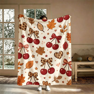 BILIBILI | Autumn Cherry Bow Print Flannel Blanket Perfect for Sofa Office Bed Travel Sleep Read Relax Camping Four Season Use