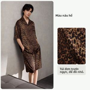 yuenei | Bộ đồ ngủ Modal Ice Silk mùa hè cho nam Áo chui đầu tay ngắn Quần short in họa tiết da báo thời trang mặc nhà