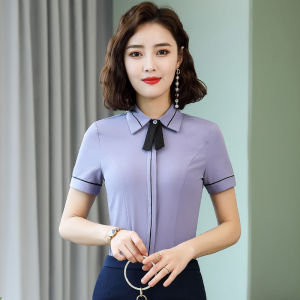Blue Shirt Short Sleeve Business Suit Summer Fashion Temperament White-Collar Worker Jewelry Sales Work Clothes Tops Women K-style