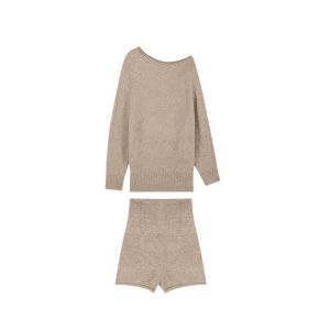 BINKAFENNY | ชุดสองชิ้นผ้าถักสไตล์เกาหลีพร้อมเสื้อเปิดไหล่และกางเกงขาสั้นสำหรับฤดูใบไม้ร่วง ชุดทำงานลำลองสำหรับผู้หญิงวัย 18-25 ปี