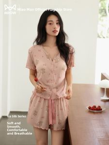 MiiOW | Cat Woman Summer Ice Silk Sleepwear Set Short Sleeve Home Clothes With Chest Pad Sweet Style Can Be Worn Outside Polyester Blend