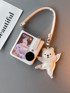 เคสโทรศัพท์มือถือสำหรับ OPPO Find N3 Flip และ Find N2 Flip ตัวเคสของสีขาวล้วน มีสายหนัง และสไตล์เกาหลี สีสวยน่ารัก