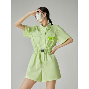 Feminine Fluorescent Green Overall Pants Womens Summer Slimming Straight Leg Thin Shortalls High Waist Polyester Fabric