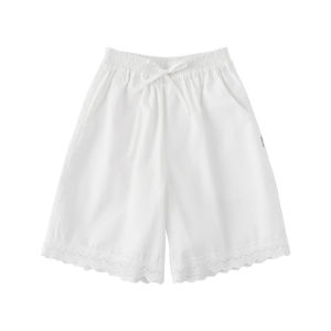 Summer New White Lace Trimmed Short Pants for Girls Ages 5-14 Loose Fit Casual Cotton Trousers Kids Parent-Child Clothing