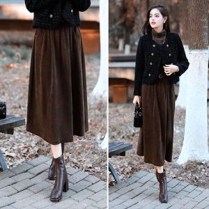 Fall Winter Thickened Fleece A-Line Skirt High Waist Midi Gored Skirt Elegant Polyester Fiber Umbrella Skirt Pure Color