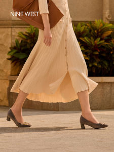 French Style Nine West Velvet High Heels Womens Autumn Winter Chunky Heel Square Buckle Light Mouth Single Shoes Elegance