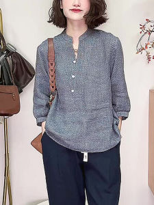 plus Size Womens Shirt Grey Loose Slimming Cotton Linen Stand Collar Korean Style Commute Applicable for All Body Types