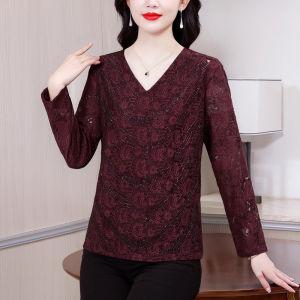 MAIMEI | Elegant V-Neck Long Sleeve Hollow Out Lace Top For Middle-Aged Mothers Heavy Embellished With Rhinestones Slimming Korean Style