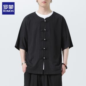Romon Mens Short Sleeve Shirt Thin Retro Button Hanfu Five Sleeve New Chinese Style Summer Casual Loose Fit Polyester Fiber