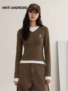 Layered V-Neck Color Blocking T-shirt Long Sleeve Spring