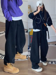 กางเกงทรงหลวมขากว้างทรงสปอร์ตเอวสูงสำหรับผู้หญิง ทรงเข้ารูป ทรงตรง ทรงหลวม กางเกงขายาวทรงเข้ารูป สีดำ เอวยางยืด ทรงหลวม ทรงเข้ารูป