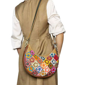 BeeGreen Women Genuine Leather Crescent Bag Floral Quilted Shoulder Bag Fashion Colorful Underarm Bag Versatile Sling Bag