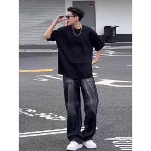 เสื้อยืดคอกลมแขนสั้นผ้าฝ้ายแท้สีดำสไตล์อเมริกันสำหรับผู้ชาย ทรงหลวม ระบายอากาศได้ดี ทรงปกติ ฤดูร้อน 2025 แบรนด์ Bann Mu