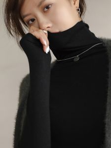 MiiOW | เสื้อยืดแขนยาวสีดำคอสูง สำหรับผู้หญิง ช่วยเพรียวและมีสไตล์