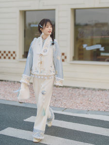 Cloud Conceal Moon Stitched Bamboo And Plum Dual Clear Original Chinese Style Womens Set Autumn Winter Thickened Straight Leg Pants