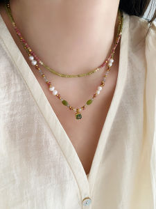 New Chinese Style Natural Stone Necklace String Beads Agate Red Pattern Stone Layered Clavicle Chain Lightweight Luxury Vintage Neck Chain