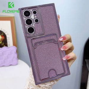 FLOVEME Card Slot Glitter Clear Phone Case For Samsung Galaxy S24 S23 S22 Ultra S23+ S22+ Plus Luxury Shining 6D Plating Lens Protection Phone Cover For Samsung S24 S23 S22