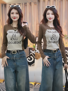 American Stylish Long Sleeve Cotton T-Shirt Womens Autumn Winter Short Letter Print round Neck Slimming Top Hot Girl