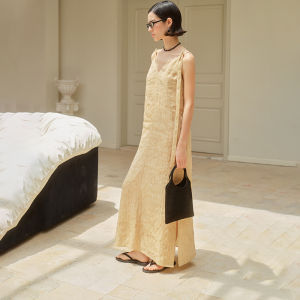 Yasako Ethereal Chinese Style Handmade Texture Draped V-Neck Midi Dress Summer Commute Simple Natural Waist Sleeveless Gown