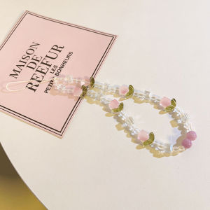 Womens Pink Tulip Phone Strap Fresh And Sweet Beaded Chain Pendant Phone Charm Bag Decoration Fashionable Versatile Accessory