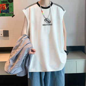 Áo Thun Cotton Mùa Hè Dáng Rộng Thoải Mái Không Tay Màu Tương Phản Phong Cách Hong Kong Thời Trang Cho Nam