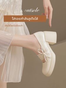 White Leather High Heels Mary Janes Thick Bottom Soft Style Womens Spring Autumn French Vintage Shoes round Toe Rubber Sole