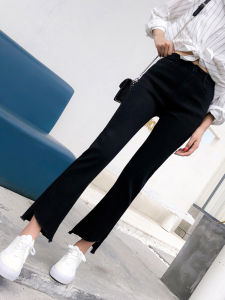 กางเกงยีนส์ทรงขาบานเอวสูงสีดำสำหรับผู้หญิง กางเกงขายาวทรงเข้ารูป ทรงหลวม ทรงลำลอง ทรงเข้ารูป เหมาะกับฤดูใบไม้ร่วง