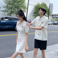 Polo Collar Bubble Sleeve Womens Korean Style High Waist Short Skirt Couple Matching Cotton Knitted Summer Dress.