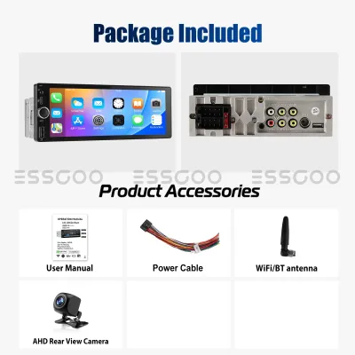 ESSGOO เครื่องเล่นวิทยุติดรถยนต์ 1 Din 6.86 นิ้ว Android 15 4+64GB รองรับ Carplay & Android Auto AM/FM/RDS Mirrorlink MP5 Player