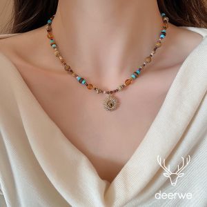 Titanium steel natural stone rice bead sunflower beaded necklace new Chinese-style retro collarbone chain light luxury and high-end necklace for women