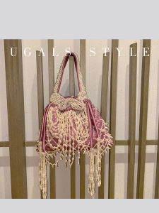 UGALS | Túi Xách Hình Thùng Tiệc Bánh Túi Tay Phong Cách Trung Quốc Mới Handmade Có Hạt và Suối Lụa