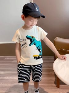Summer New Childrens Short Sleeve T-shirt Pure Cotton Dinosaur Cartoon Boys Baby Clothes Breathable Comfortable Casual Wear