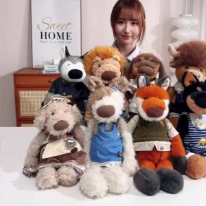 Adorable Dressed Forest Animal Plush Toy Soft Stuffed Animal Lion Fox Dubin Dog in Clothes Plushie for Kids Birthday Xmas Gift
