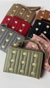 Korean embroidered flower coin purse square zipper womens wallet PU leather short wallet