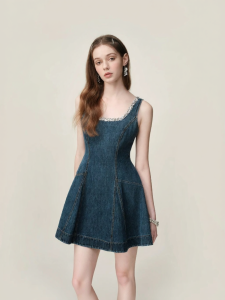 AIVEI | Summer Simple Style Sparkle Square Neck Denim Vest Dress