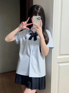 Summer Womens Short Sleeve JK Shirt Basic Embroidery College Style White Blue Cotton Polyester Blend Straight Cut Business Casual Polo Collar