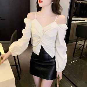 Retro Sweet And Spicy Long Sleeve Blouse Womens Korean Style Salt System High Fashion Top V-neck Commute Pure Color Shirt