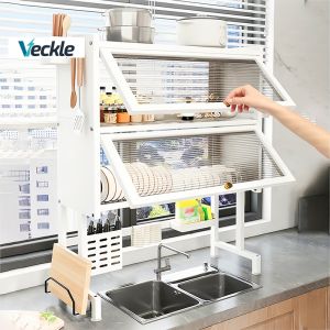 Veckle 2Layers Metal Dish Cabinet Rack Dustproof Over Sink Rack With Cabinet Door Multi-functional Plate Drying Storage Kitchen Organizer