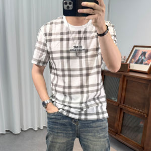 Áo Thun Nam Mùa Hè 2025 Áo Thun Cotton Lanh Kẻ Caro Tay Ngắn Thêu Họa Tiết Chữ in Thời Trang Thường Ngày
