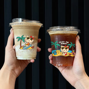 Thickened Disposable Plastic Coffee Cup with Lid Ice American Milk Tea Takeaway Black Kitty Sticker UV Transfer Polyester Material