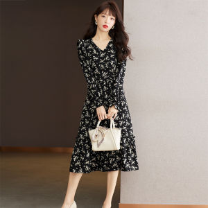 Elegant Black Floral Print Chiffon Dress Womens Fashion Early Autumn Winter Long Sleeve French Style Small Stature Atmosphere