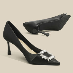 รองเท้าส้นสูงหรูหรา LOSTWILD สำหรับผู้หญิง 2025 รองเท้าแต่งงานแบบสวมหัวแหลม ด้านข้างเป็นรูปสี่เหลี่ยม ด้านหลังเป็นรูปสี่เหลี่ยม รองเท้าส้นเดี่ยว